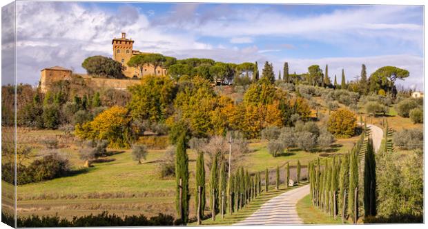 Typical view in Tuscany with cypress trees and beautiful estates Canvas Print by Erik Lattwein