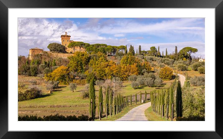 Typical view in Tuscany with cypress trees and beautiful estates Framed Mounted Print by Erik Lattwein
