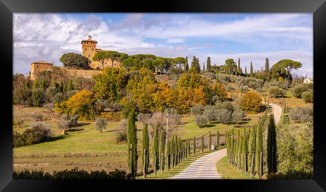 Typical view in Tuscany with cypress trees and beautiful estates Framed Print by Erik Lattwein