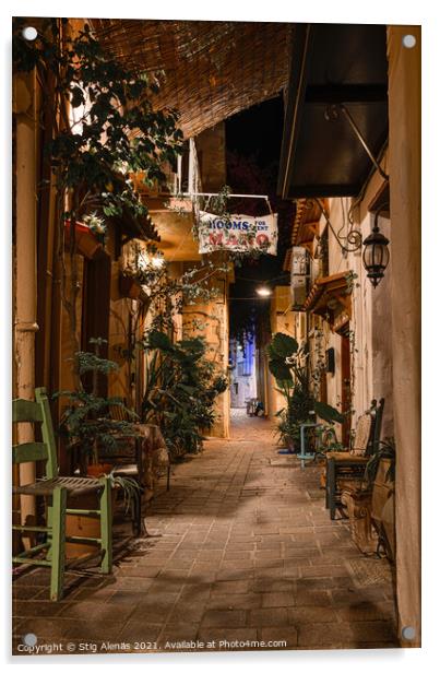 Alleyway in the old town of Chania with chairs and green plants  Acrylic by Stig Alenäs