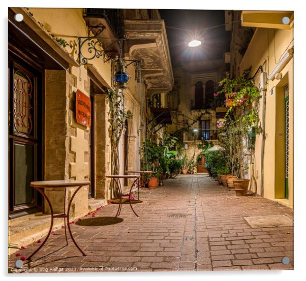 picturesque alley in the old town of Chania, illuminated with a  Acrylic by Stig Alenäs
