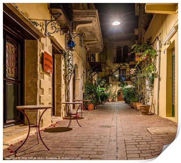 picturesque alley in the old town of Chania, illuminated with a  Print by Stig Alenäs