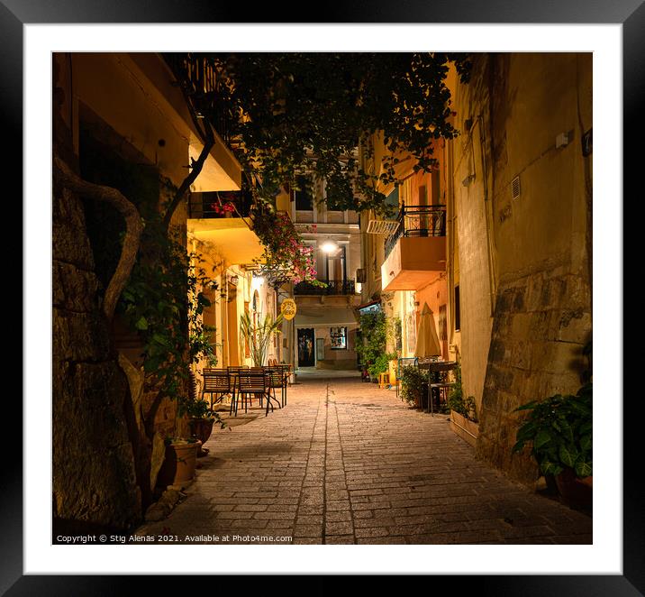 night scene in the old town of Chania from the romantic back str Framed Mounted Print by Stig Alenäs