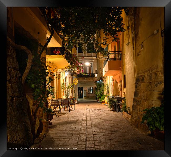 night scene in the old town of Chania from the romantic back str Framed Print by Stig Alenäs