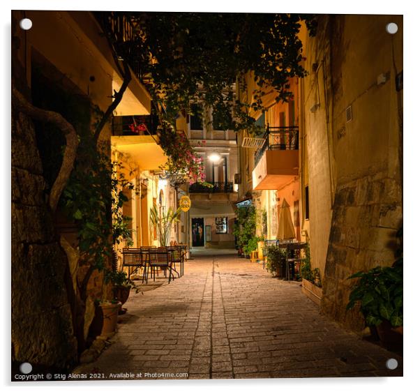 night scene in the old town of Chania from the romantic back str Acrylic by Stig Alenäs