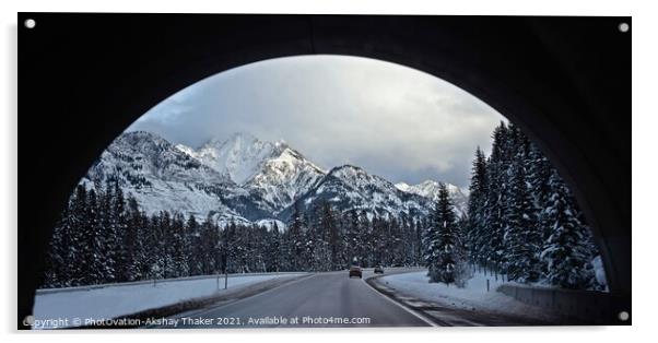 A view of snow covered mountains and roads through an arch. Acrylic by PhotOvation-Akshay Thaker