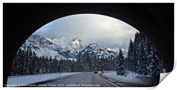 A view of snow covered mountains and roads through an arch. Print by PhotOvation-Akshay Thaker