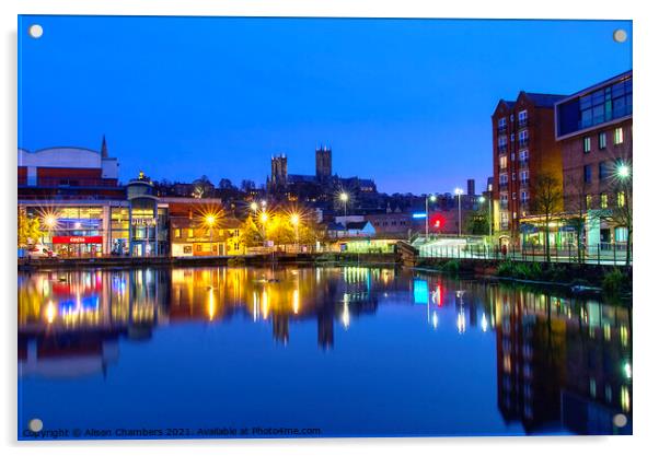 Lincoln Brayford Waterfront At Night Acrylic by Alison Chambers