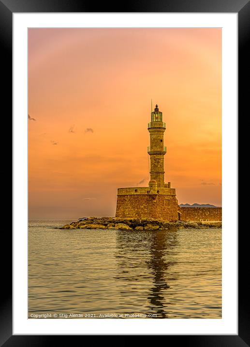 the lighthouse in the harbour of Chania glowing in the sunrise Framed Mounted Print by Stig Alenäs