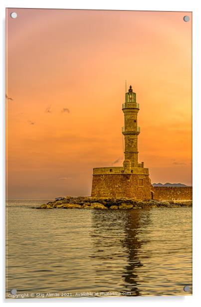 the lighthouse in the harbour of Chania glowing in the sunrise Acrylic by Stig Alenäs