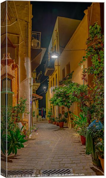 picturesque alley at night in the old town of Chania, Crete Canvas Print by Stig Alenäs