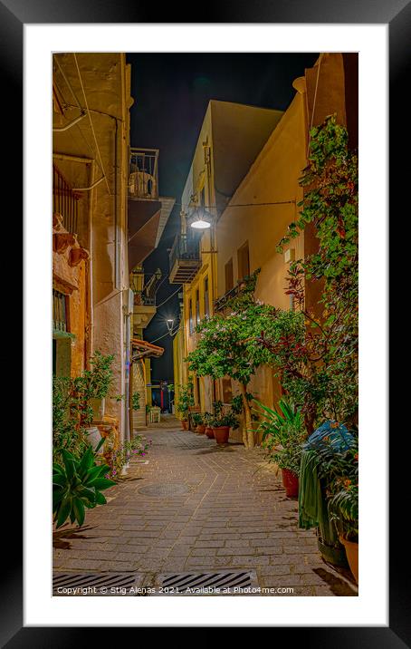 picturesque alley at night in the old town of Chania, Crete Framed Mounted Print by Stig Alenäs