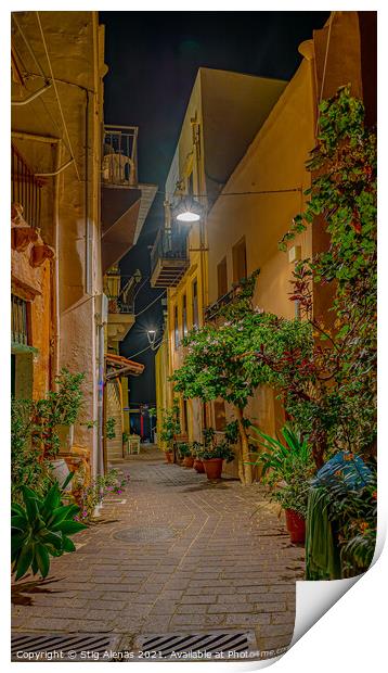picturesque alley at night in the old town of Chania, Crete Print by Stig Alenäs