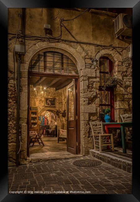 Entrance to a boutique at the romanticue stairs on the Zampeliou Framed Print by Stig Alenäs