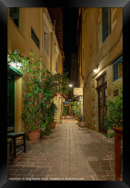 a narrow alley with red flowers lit by lanternas in the old town Framed Print by Stig Alenäs
