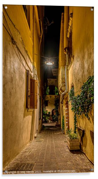 a dark alley in the old town of Chania, illuminated with a lamp  Acrylic by Stig Alenäs