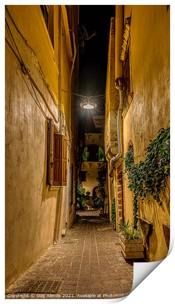 a dark alley in the old town of Chania, illuminated with a lamp  Print by Stig Alenäs