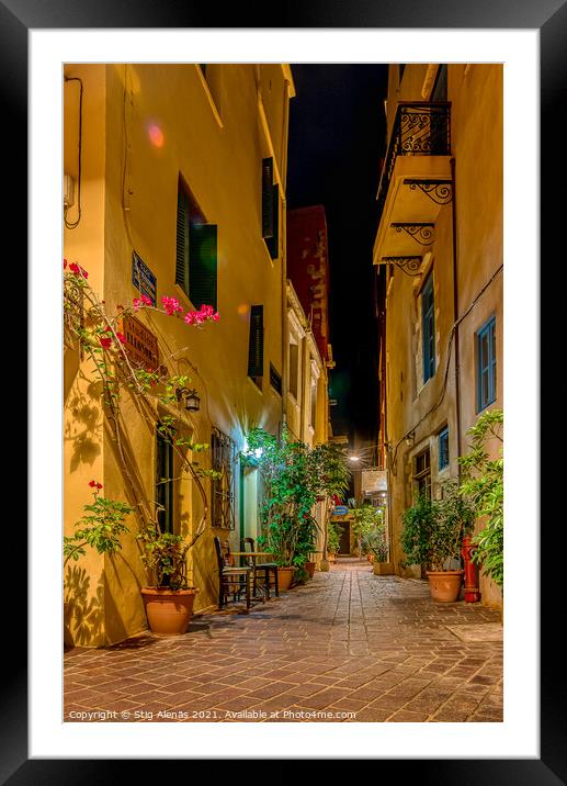 a narrow alley at night in the old town of Chania Framed Mounted Print by Stig Alenäs