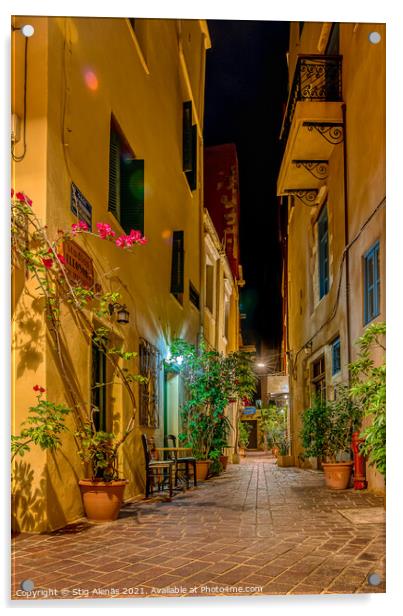 a narrow alley at night in the old town of Chania Acrylic by Stig Alenäs