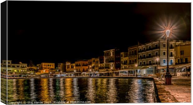 night scenery in the old venetian harbour of Chania with colourf Canvas Print by Stig Alenäs
