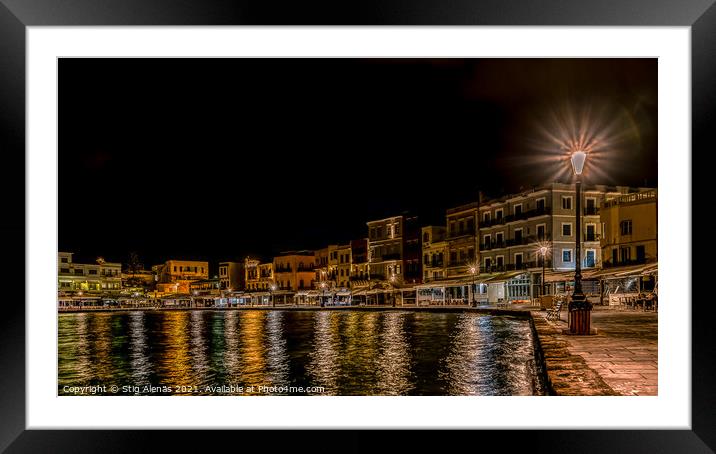 night scenery in the old venetian harbour of Chania with colourf Framed Mounted Print by Stig Alenäs