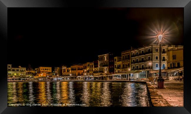 night scenery in the old venetian harbour of Chania with colourf Framed Print by Stig Alenäs