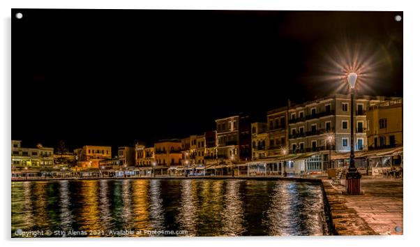 night scenery in the old venetian harbour of Chania with colourf Acrylic by Stig Alenäs