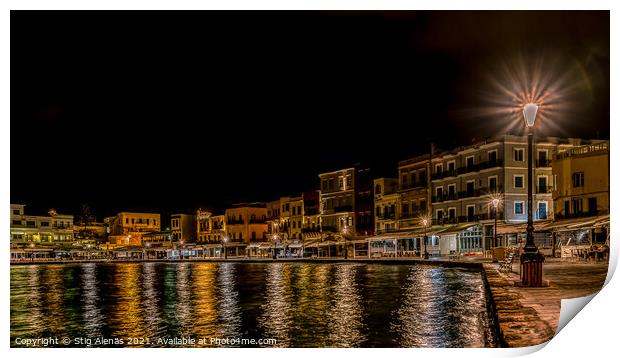 night scenery in the old venetian harbour of Chania with colourf Print by Stig Alenäs