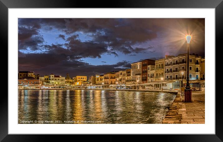 night scenery in the old venetian harbour of Chania with reflect Framed Mounted Print by Stig Alenäs