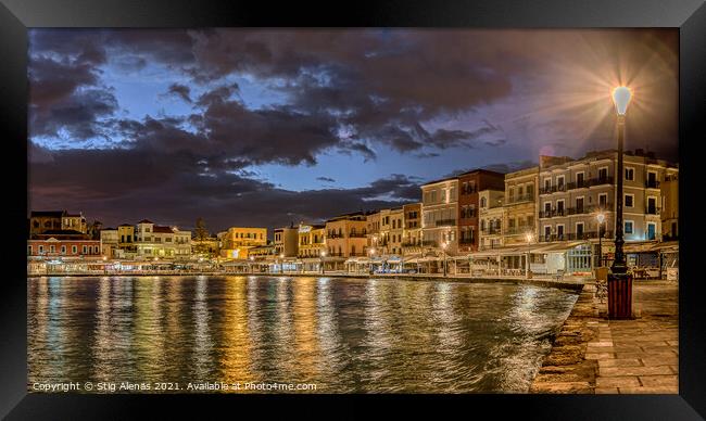night scenery in the old venetian harbour of Chania with reflect Framed Print by Stig Alenäs
