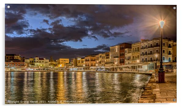 night scenery in the old venetian harbour of Chania with reflect Acrylic by Stig Alenäs