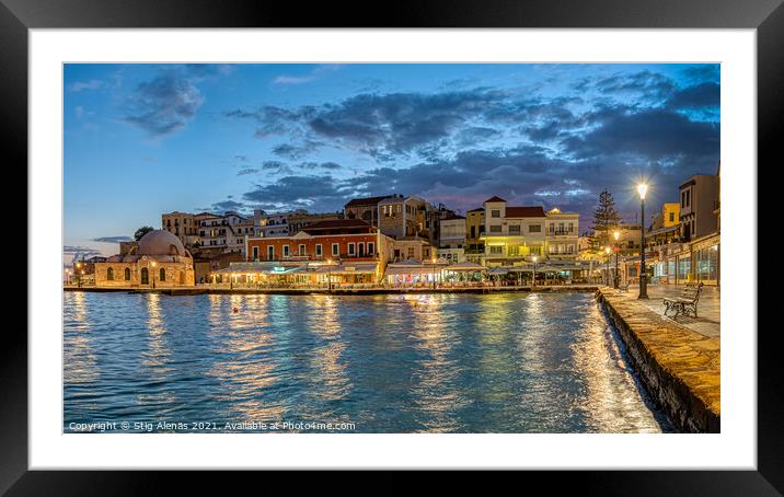 the blue hour in Chania harbour with reflections in the sea Framed Mounted Print by Stig Alenäs
