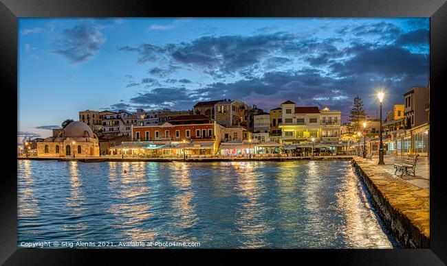 the blue hour in Chania harbour with reflections in the sea Framed Print by Stig Alenäs