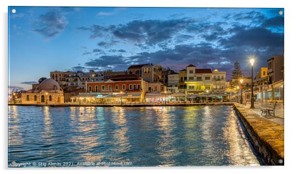 the blue hour in Chania harbour with reflections in the sea Acrylic by Stig Alenäs