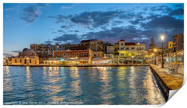 the blue hour in Chania harbour with reflections in the sea Print by Stig Alenäs