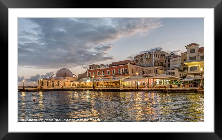the mosque and restaurants in the venetian harbour of Chania in  Framed Mounted Print by Stig Alenäs
