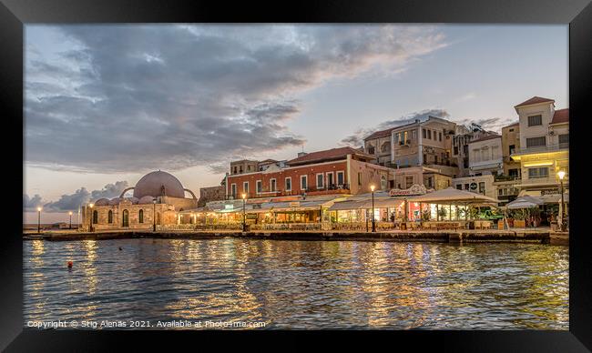 the mosque and restaurants in the venetian harbour of Chania in  Framed Print by Stig Alenäs