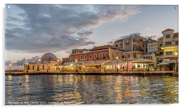 the mosque and restaurants in the venetian harbour of Chania in  Acrylic by Stig Alenäs