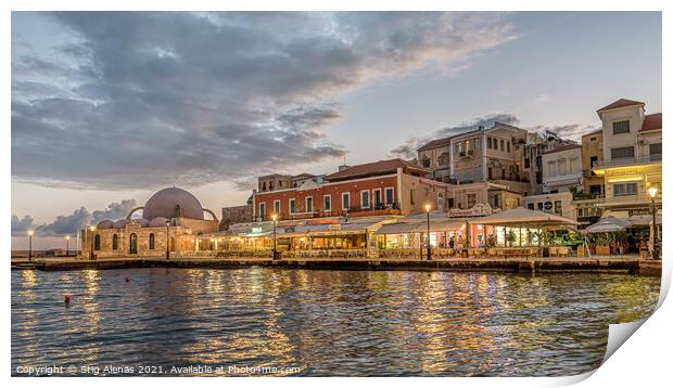 the mosque and restaurants in the venetian harbour of Chania in  Print by Stig Alenäs