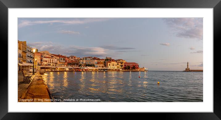 the golden hour in Chania harbour with a view of the bay and the Framed Mounted Print by Stig Alenäs