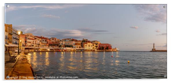 the golden hour in Chania harbour with a view of the bay and the Acrylic by Stig Alenäs