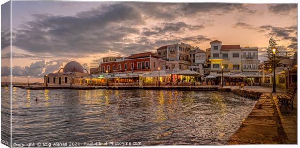 the mosque and the harbour in Chania at the first morning light  Canvas Print by Stig Alenäs