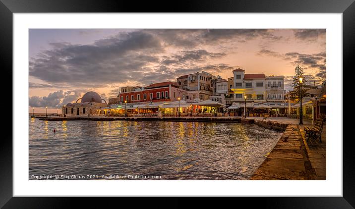 the mosque and the harbour in Chania at the first morning light  Framed Mounted Print by Stig Alenäs
