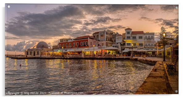 the mosque and the harbour in Chania at the first morning light  Acrylic by Stig Alenäs