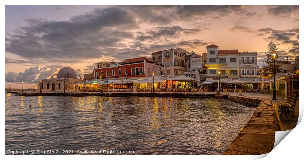 the mosque and the harbour in Chania at the first morning light  Print by Stig Alenäs