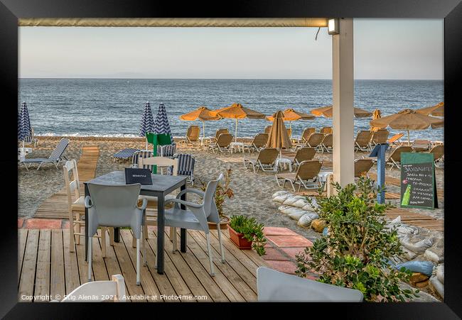 a Crete tavern on the beach with a view of the azure Mediterrane Framed Print by Stig Alenäs
