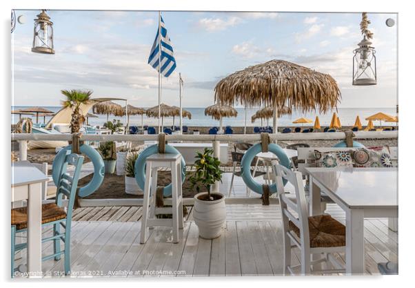 greek restaurant with blue and white tables right on the beach w Acrylic by Stig Alenäs