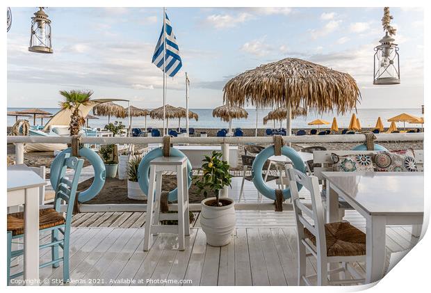 greek restaurant with blue and white tables right on the beach w Print by Stig Alenäs