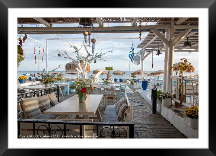 greek tavern with blue and white tables overlooking the blue Med Framed Mounted Print by Stig Alenäs