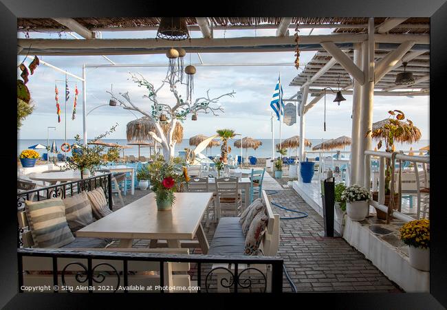greek tavern with blue and white tables overlooking the blue Med Framed Print by Stig Alenäs
